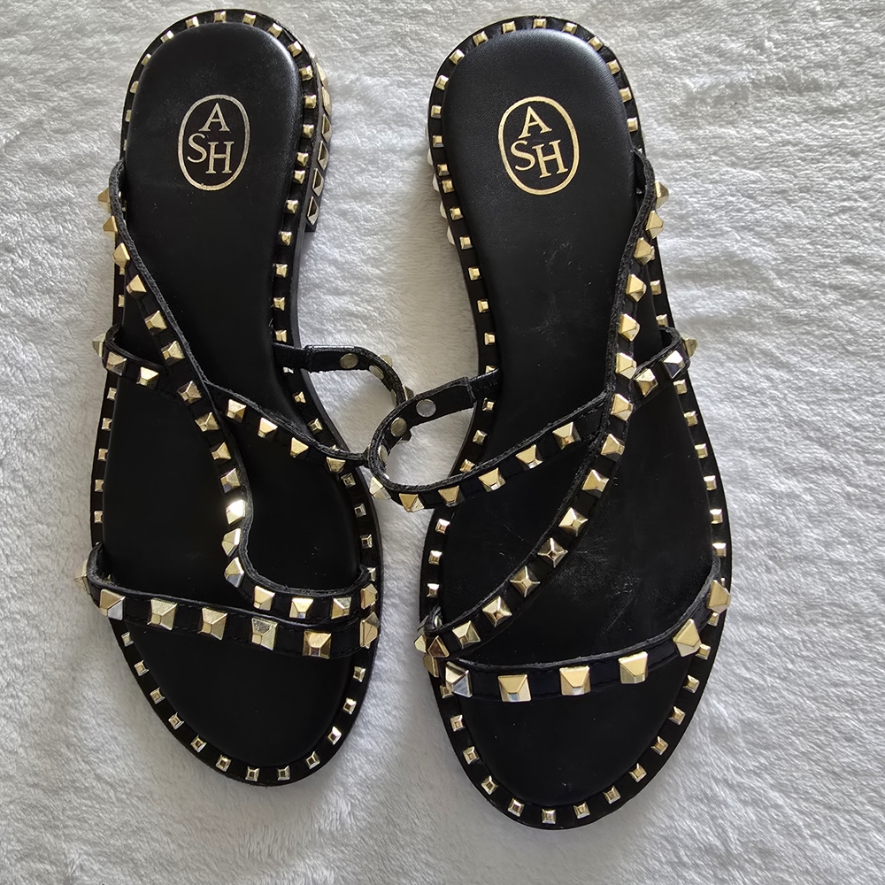 Ash Black and Gold X-Strap Studded Sandals